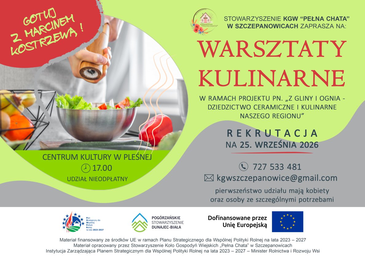 Plakat informacyjny, z lewej strony metalowa misa z sałatką
