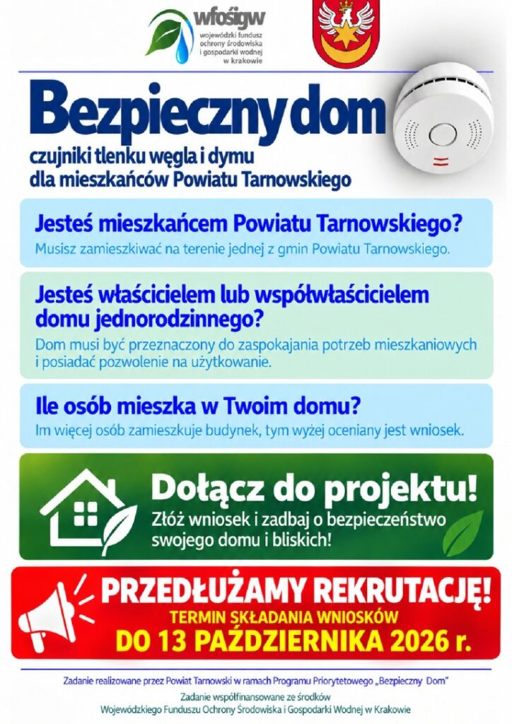 Grafika informacyjna, z lewej strony biały czujnik dymu