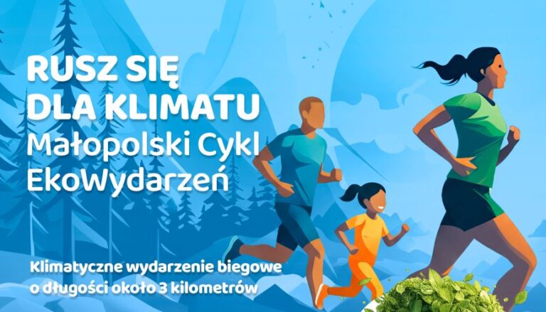 Postacie rodziców z dzieckiem biegnące przez las