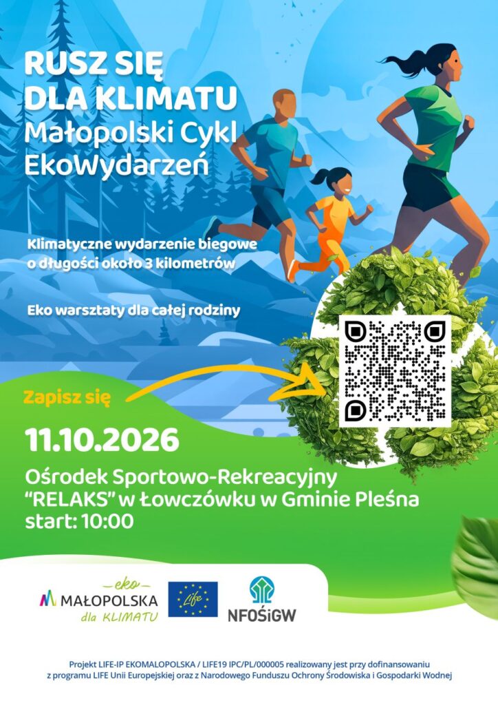 Plakat informacyjny z kodem QR, u góry postacie rodziców z dzieckiem biegnące przez las
