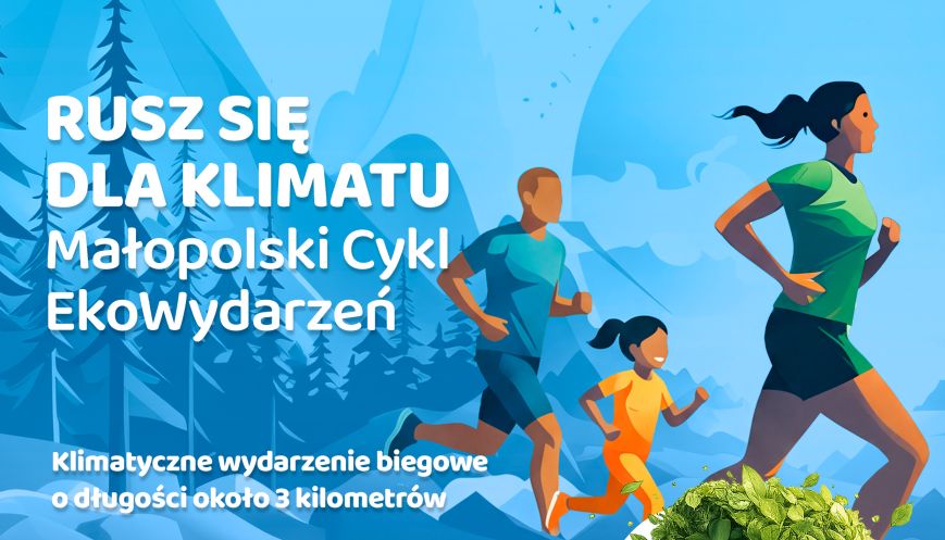 Postacie rodziców z dzieckiem biegnące przez las