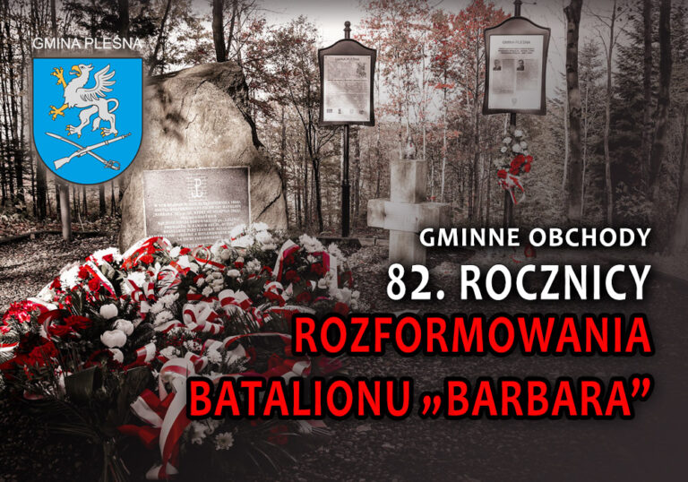 Slider gminnych obchodów 82. rocznicy rozformowania batalionu "Barbara". W tle obelisk oraz tablice informacyjne.