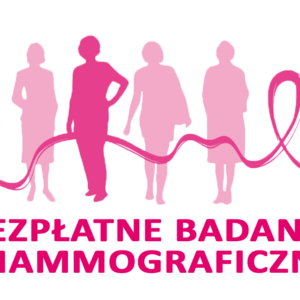 Różowe postacie kobiet na grafice informacyjnej o bezpłatnych badaniach mammograficznych