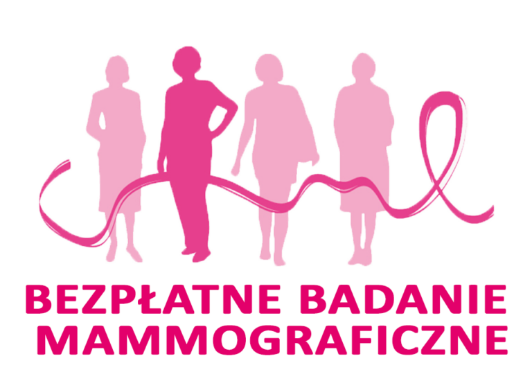 Różowe postacie kobiet na grafice informacyjnej o bezpłatnych badaniach mammograficznych