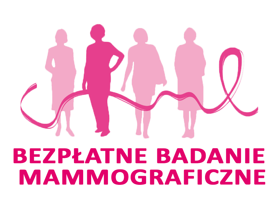 Różowe postacie kobiet na grafice informacyjnej o bezpłatnych badaniach mammograficznych